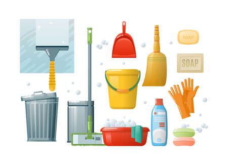 House cleaning window washing set. Household tools for hygienic sanitary at home. Mop, bucket, scraper, bin, rubber gloves, detergent, soap, scoop. Supplies launder cleaner work service vector cartoonのイラスト素材