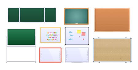 Realistic class board set. Back to school. Educational equipment for performing presenting lesson knowledge information. Chalkboard, wooden and flipchart writing area. Blank teach communication vectorのイラスト素材