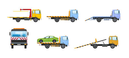 Tow truck car set. Cargo automobile for towing transport, trucking vehicle, towage help on road. Towed auto service. Assistance at crush, repair problem, emergency evacuation side view cartoon vectorのイラスト素材