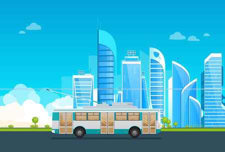 Trolleybus riding on road at megapolis cityscape. Electric public transport ride on highway with skyscrapers landscape. Retro wheel passenger transportation traffic at smart downtown city vector flatのイラスト素材