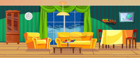 Empty cosiness living room retro interior with evening winter landscape through window. Comfortable furnishing residential apartment with couch, table, curtains, cupboard, armchair vector cartoonのイラスト素材