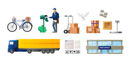Postal service set. Delivery parcels, packages, registered letters, mail to recipient. Postman shipping envelope to mailbox. Post office, shipment pack on bicycle and truck cargo, stamp cartoon vectorのイラスト素材