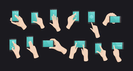 Human hand use smartphone set. Mobile communication gesturing touching screen of telephone. Finger gesture click user interface smart touch navigation. Digital display phone technology flat vectorのイラスト素材