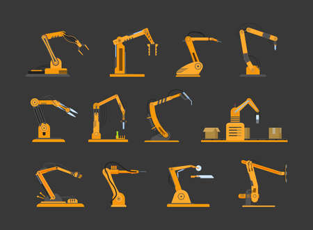 Robot hand mechanical manipulator set. Automated robotic arms industrial hydraulic machine. Machinery crane innovation technology factory engineering. Mechanic manufacture smart equipment flat vectorのイラスト素材
