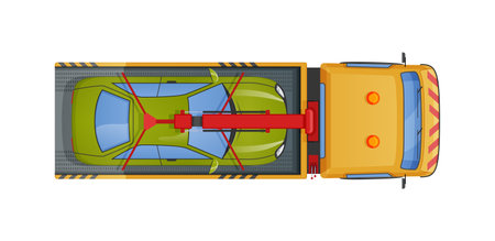 Urban tow truck carrying automobile top view. Towage or emergency help on road trucking transportation after repair, accident, wrong parking. Driving evacuator towing broken or damage car vector flatのイラスト素材