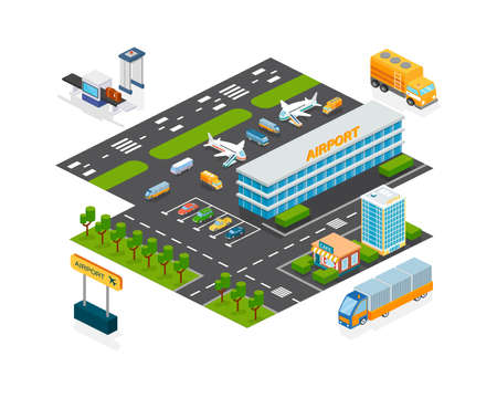 Airport facade infrastructure isometric. Modern building exterior for business and travel with passenger transportation and attributes. Baggage line, check in counter, airplanes, hotel vector flatのイラスト素材