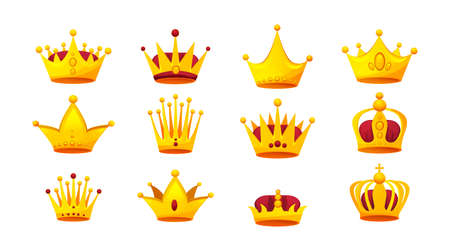 Vintage golden crown set. Royal king or queen headdress decorated by gems symbol of authority. Antique heraldic luxury monarch headgear with ornament. Medieval aristocracy coronation sign flat vectorのイラスト素材