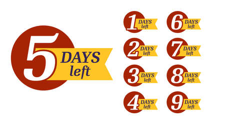 Set of number days left sticker with ribbon. Countdown announcement date counting reminder for marketing promotion, sale, app alert. Badge notification template limited offer discount flat vectorのイラスト素材