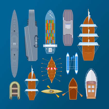 Modern retro water transport set top view. Yacht, wooden fishing boat, steamship, cruise and pirate ship, kayak, submarine, cargo. Inflatable, underwater and vintage vessel for floating flat vectorのイラスト素材