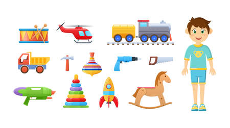 Happy child boy with childish toy set. Children playthings drum, railway, train, helicopter, truck, hammer, whirligig, hammer drill, pyramid, rocket, rocking horse. Kids entertainment flat vectorのイラスト素材