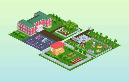 Exterior of kindergarten or school isometric. Facade outdoor building studying or entertainment children. Educational architecture activity playground with slides, scene for performance cartoon vectorのイラスト素材