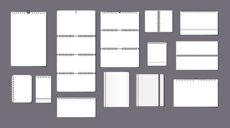 Realistic paper notepad and calendar templates set. Wall and table blank with spiral spring for writing reminders or making notes. Empty office binder business page design notebook sheet mockup vectorのイラスト素材