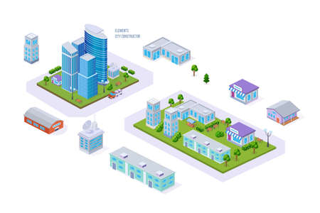 Elements city construction infrastructure isometric set. Town map district with skyscraper, downtown business center, market, local park, house. Cityscape exterior outdoor facade vector cartoonのイラスト素材