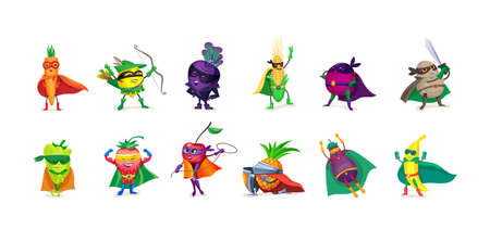 Childish vegetable fruit and berry superhero characters set. Humanized funny person in masks and capes wearing cloaks. Comic fantasy powerful edible plants with superpower in costume flat vectorのイラスト素材