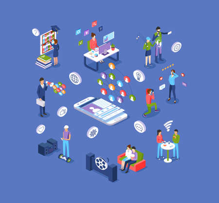 Social networks and modern digital entertainment isometric set. People use internet virtual reality electronic application, watching movie, chatting, online studying, marketing promo vector cartoonのイラスト素材