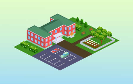 School or kindergarten facade with park isometric. Outdoor childish educational building exterior with natural garden plant and cars parking. Architecture building for children learning cartoon vectorのイラスト素材
