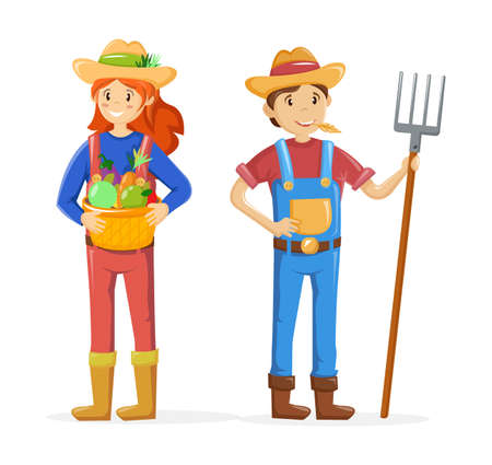 Couple of farmers, agricultural work characters. Farmer with pitchfork in hand, working in fields. Woman gathering harvest, standing in garden. Agricultural gardener, agronomist. vector illustration.のイラスト素材