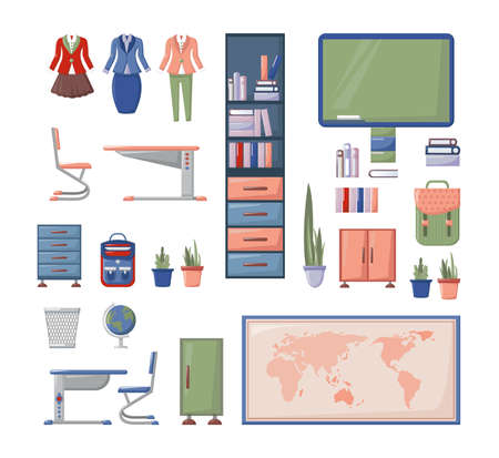School furniture, desk classroom, map, bookshelf, backpack home decoration furniture clothes vectorのイラスト素材