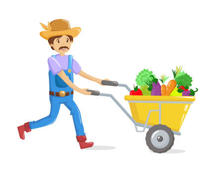 Farmers and agricultural work characters. Male farmer with cart filled with fruits and vegetables, working in fields, gathering harvest, standing in garden. agricultural gardener. vector illustration.のイラスト素材