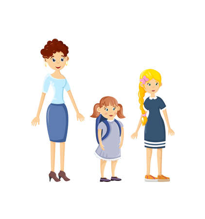 Happy young family on joint walk. Mother with childs, daughters, girls. Concept of happy family, relationship, friendship and understanding, love and mutual understanding. cartoon vector.のイラスト素材