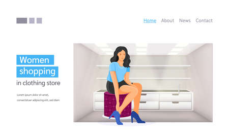 Woman shopping in a clothing store. Girls choosing and trying dress clothes during shopping at garment supermarket. Landing page vector illustration.のイラスト素材