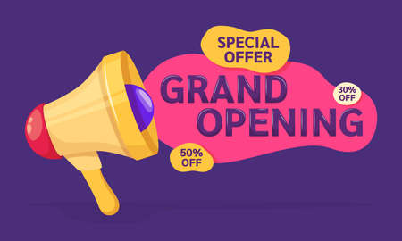 Grand opening label typography graphic design. Special offers, discounts, labels banners template. Layout for sale, advertising, banner, poster, shopping, product, promotion vector illustrationのイラスト素材