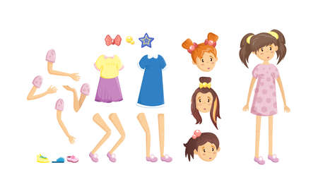 People creation kit, cartoon character constructor. Body parts, face, facial expressions, body gesture, hairstyle. Baby girl, kid, teen, children in details. Animation creation set vectorのイラスト素材