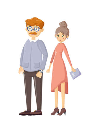 Happy elderly couple on joint walk. Man with glasses and woman with journal in hands, stand next to each other. Concept of happy family, relationship, friendship and understanding. cartoon vector.のイラスト素材