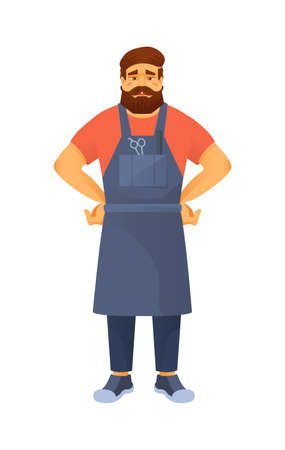 Hipster barber with beard in apron and accessories. Professional hairdresser in barbershop is ready to make haircut and styling, in hairdressing salon. Beauty, healthy lifestyle. vector illustration.のイラスト素材