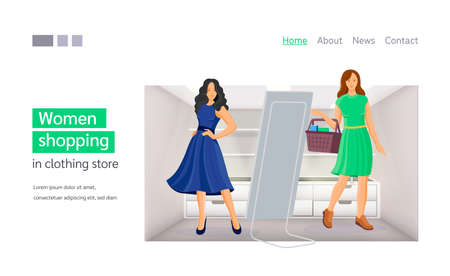 Women shopping in clothing store. Girl is trying on modern dress, choosing clothes, second woman with basket of buying in hands. Happy shopping woman. Landing page vector illustrationのイラスト素材