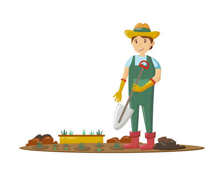 Farmers and agricultural work characters. Male farmer holding shovel in hand, working in fields, gathering harvest, standing in garden. Agricultural gardener, agronomist. vector illustration.のイラスト素材