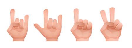 Emoji hand sign. Gestures with spread fingers, goat sign, symbol of attention, victory, peace and respect. Hands raised up show various gestures with meanings. vector illustration.のイラスト素材