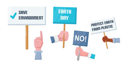 Save environment in earth day poster. Protests people with programs posters: protect earth from plastic, environmental pollution, conservation of rare animals, healthy lifestyles vectorのイラスト素材