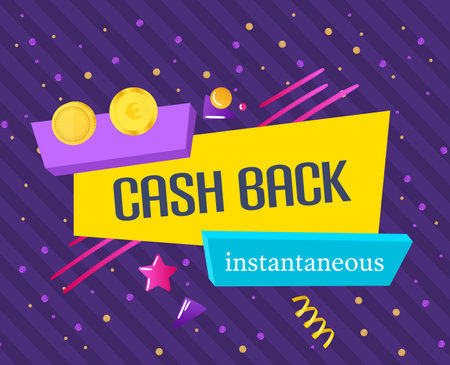 Colorful lettering labels with instantaneous cash back. Sticker cashback return, money refund tag, shopping, retail, emblem advertisement banner template. vector illustration.のイラスト素材