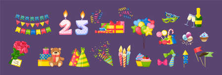 Set of birthday party elements. Happy Birthday anniversary numbers candle, decorative holiday flags, accessories, sweets, gifts. greeting template. Cards with cake, balloons, confetti, candy vectorのイラスト素材