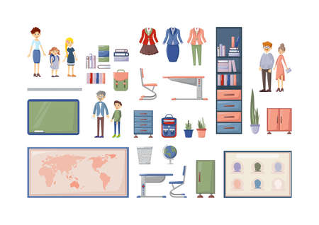 School character constructor kit and objects for animation. Teachers with students and parents. School furniture, desk classroom, map, bookshelf, backpack, home decoration, furniture, clothes vector.のイラスト素材