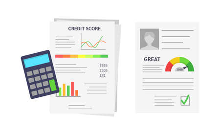 Documents with client's credit history, profile, approval rating. Indicators scale estimation of bank loan approval. Rating gauge from red to green, of customer satisfaction. vector illustration.のイラスト素材