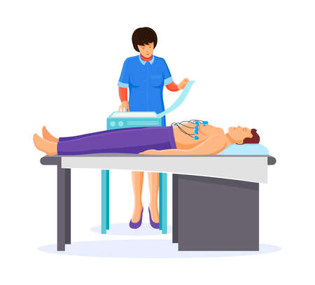 Medical check by doctor. Doctor cardiologist performs an electrocardiogram test heart in cardiology office. Check for heart noises. Cardiology in medicine and health care. vector illustration.のイラスト素材