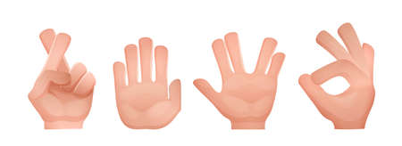 Emoji hand sign. Crossed fingers, stop sign, greeting, spread fingers, ok symbol, salute, everything is fine. Raised hands show various gestures with meanings. vector illustration.のイラスト素材