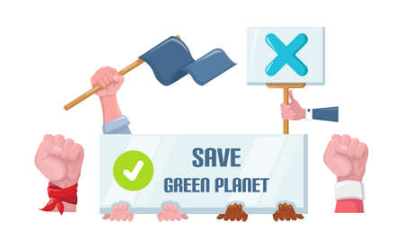 Save environment in earth day poster. Protests people with programs posters: protect earth from plastic, environmental pollution, conservation of rare animals, healthy lifestyles vectorのイラスト素材