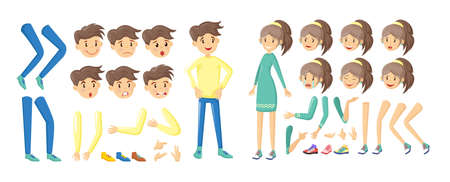 People creation kit, cartoon character constructor. Body parts, face, facial expressions, body gesture, hairstyle. Young boy, girl, teen in details. Animation creation set vectorのイラスト素材