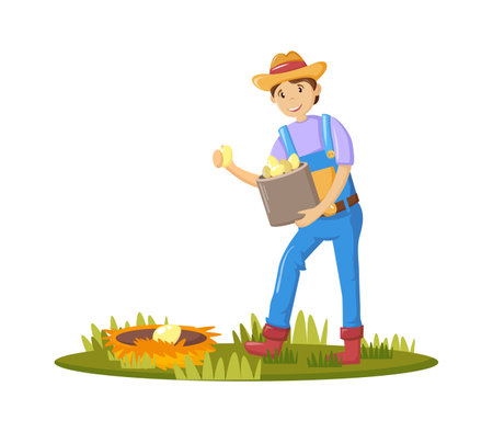Farmers and agricultural work characters. Male farmer holding basket with eggs in hand, working in garden, gathering harvest. Agricultural gardener, agronomist. vector illustration.のイラスト素材
