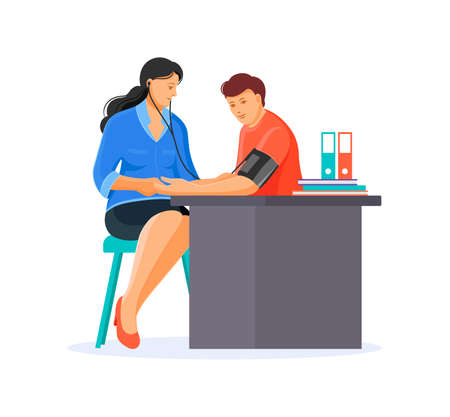 Medical check by therapist. Doctor measures blood pressure by of man patient, with tonometer blood pressure monitor. Cardiology in medicine and health care. vector illustrationのイラスト素材