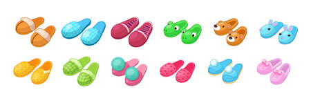 Home footwear - pairs slippers, textile domestic outfit element or garment shoes soft fabric. Comfortable kids and adult footwear with animal head, flip flops, shoes. vector illustration.のイラスト素材