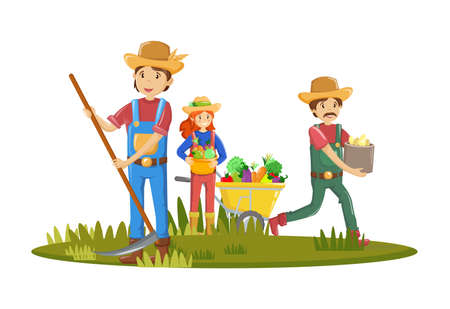Group of farmers, agricultural work characters. Farmers with pitchfork in hand, working in fields. Woman gathering harvest, standing in garden. Agricultural gardener, agronomist. vector illustration.のイラスト素材