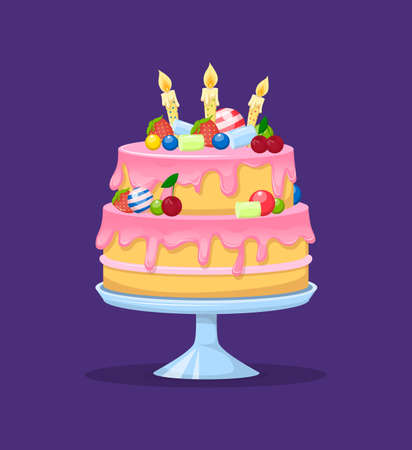 Holiday cartoon cake. Colorful delicious desserts, birthday cake with candles and glaze. Decorative cake for holiday celebration. Sweet baked pie, fruit dessert for gourmet. vector illustration.のイラスト素材