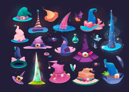 Set of wizard hats, old hat witch on halloween. Multi-colored wizard women's hats. Magic accessories for witches and witchcraft, for the mystical rituals of the sorceress. vector illustration.のイラスト素材