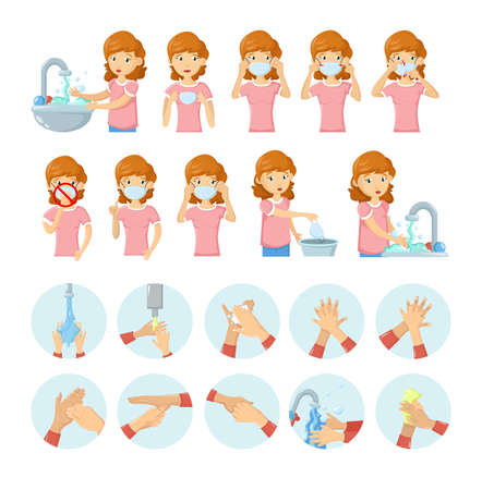 How to wear medical mask. Medical instruction step by step Infographics of method how to wear mask. Stages of proper hand washing.のイラスト素材