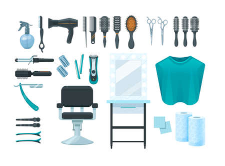 barbershop items. Professional shaving hairdresser tools, accessories. Razor, comb, scissors, mirror, chair, brush fan shampoo conditioner vector cartoon illustrationのイラスト素材