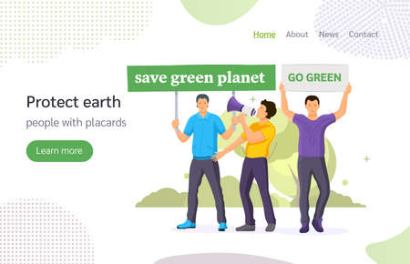 Protesting people man with placards with go green, save green planet sign. Holding placards on strike or demonstration, environmental pollution. Protect earth landing page vector illustrationのイラスト素材